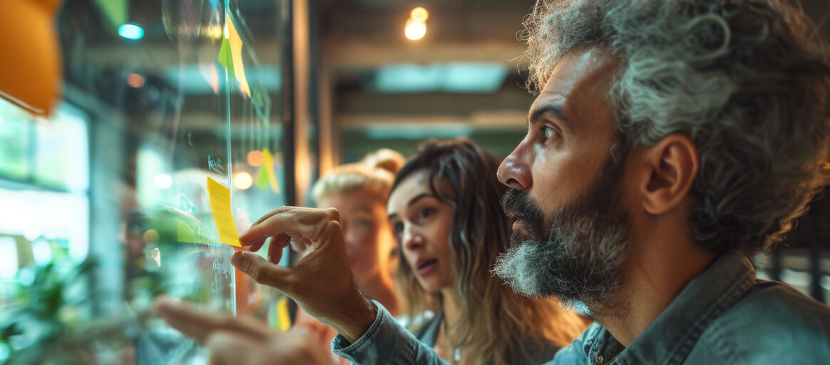 People collaborating over a glass wall covered with colorful sticky notes.